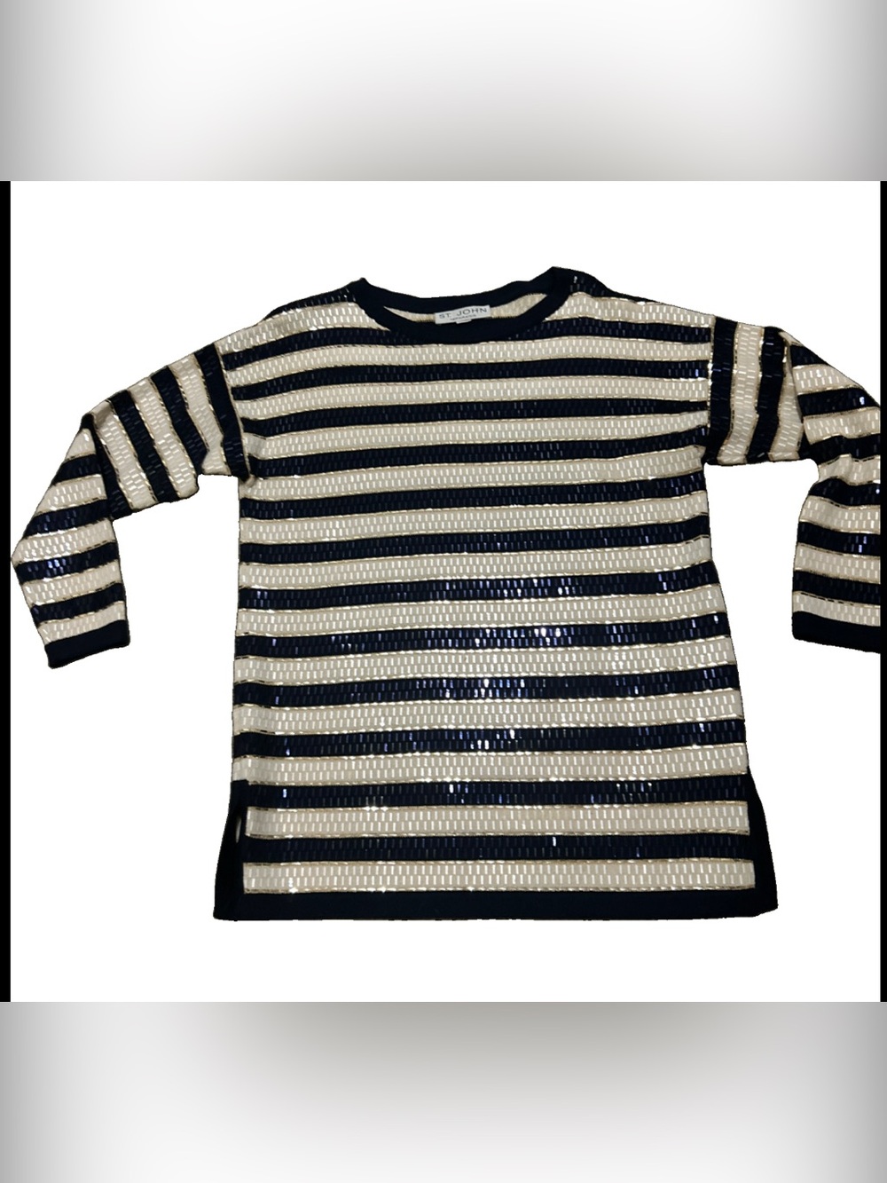 St. John Separates Sequin Embellished Striped Sweater Gold Navy Cream Size Small